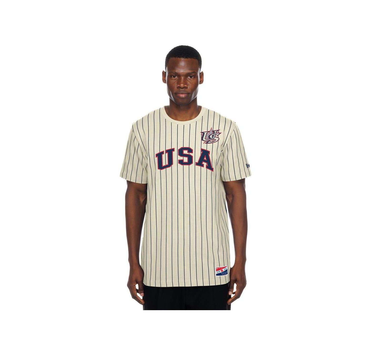 New Era Men's Cream USA Baseball Throwback Meshback Pinstripe T-Shirt