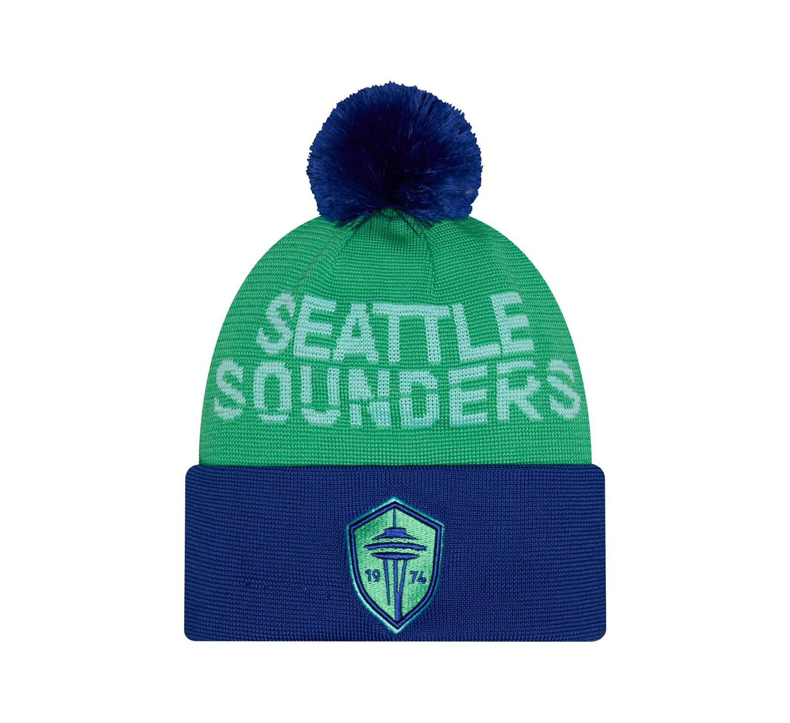 Мужская вязаная шапка New Era Green Seattle Sounders FC 2026 с помпоном