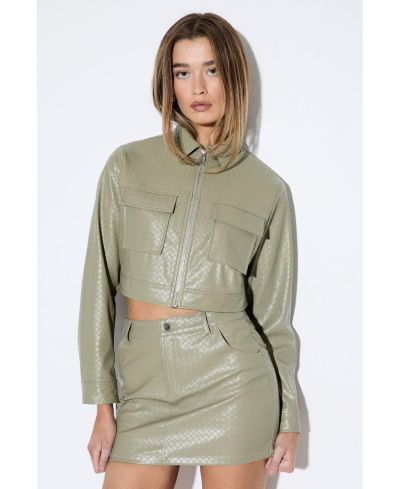 MissPap Women's Woven Detail Faux Leather Jacket