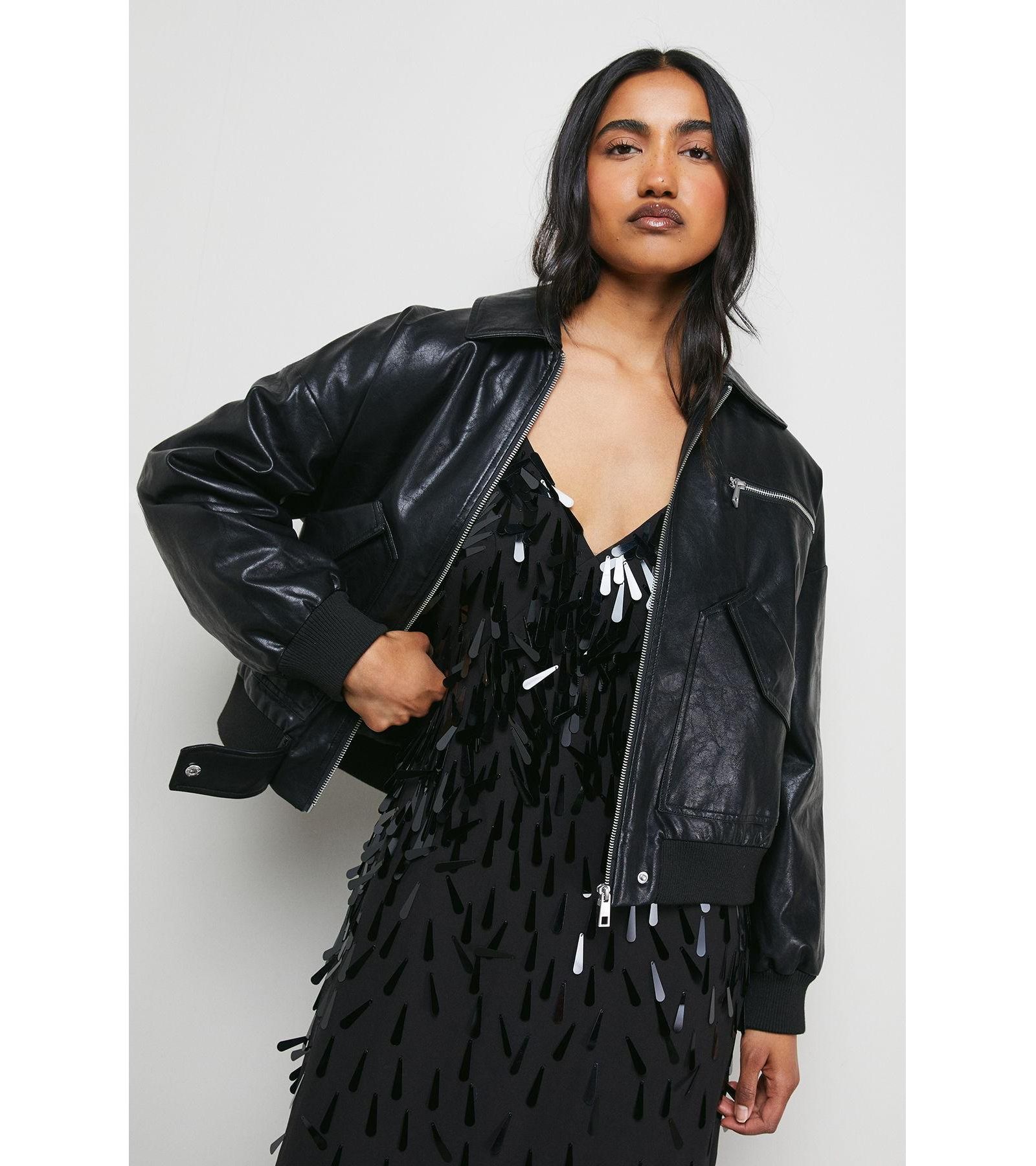 Warehouse Women's Faux Leather Distressed Bomber Jacket