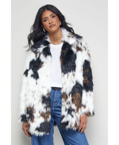 Warehouse Women's Premium Funnel Neck Mono Faux Fur Coat