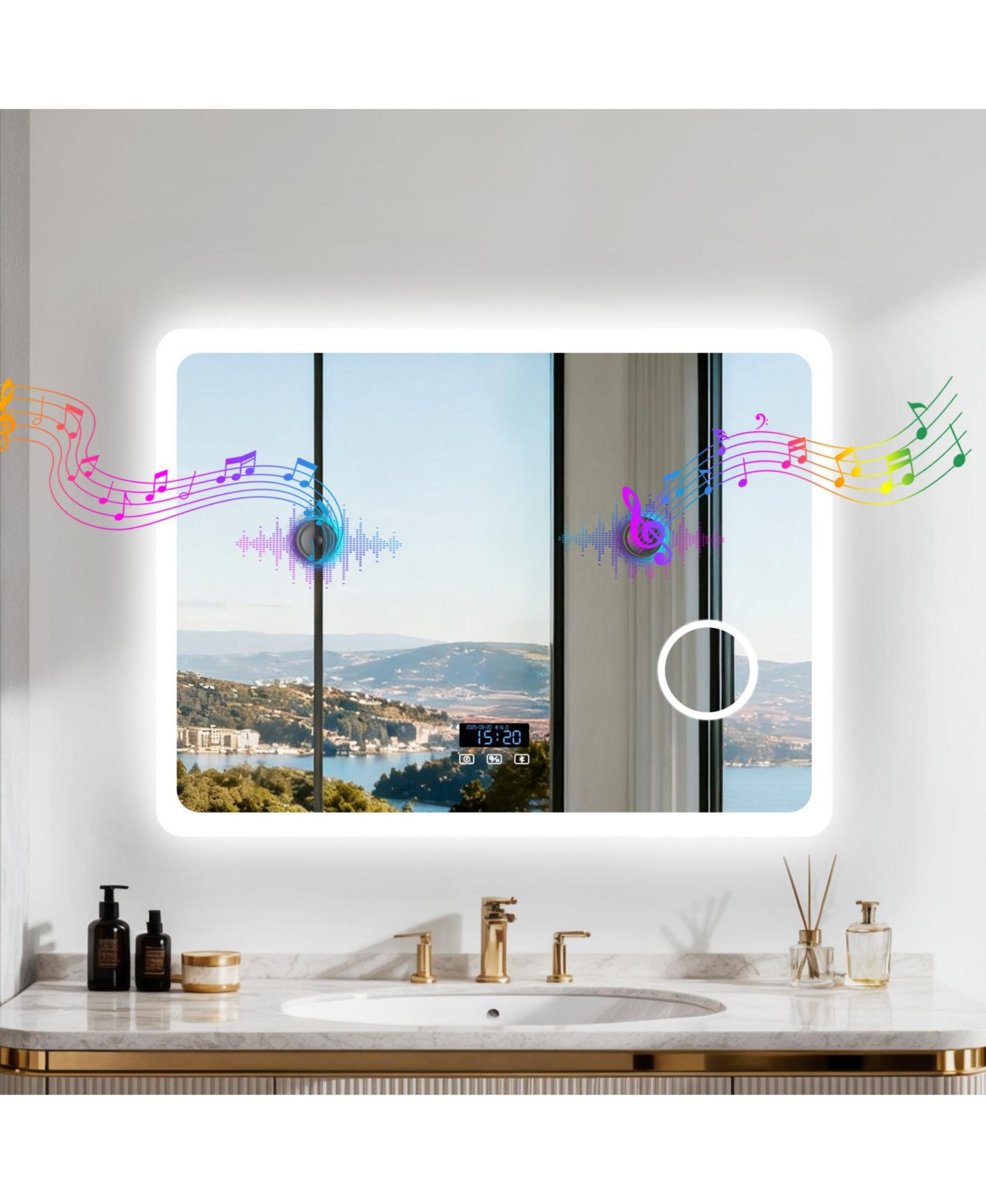 LUVODI 32"x24" LED Bathroom Mirror, Anti-Fog, Bluetooth, 3 Color Temp, Memory, Magnifier