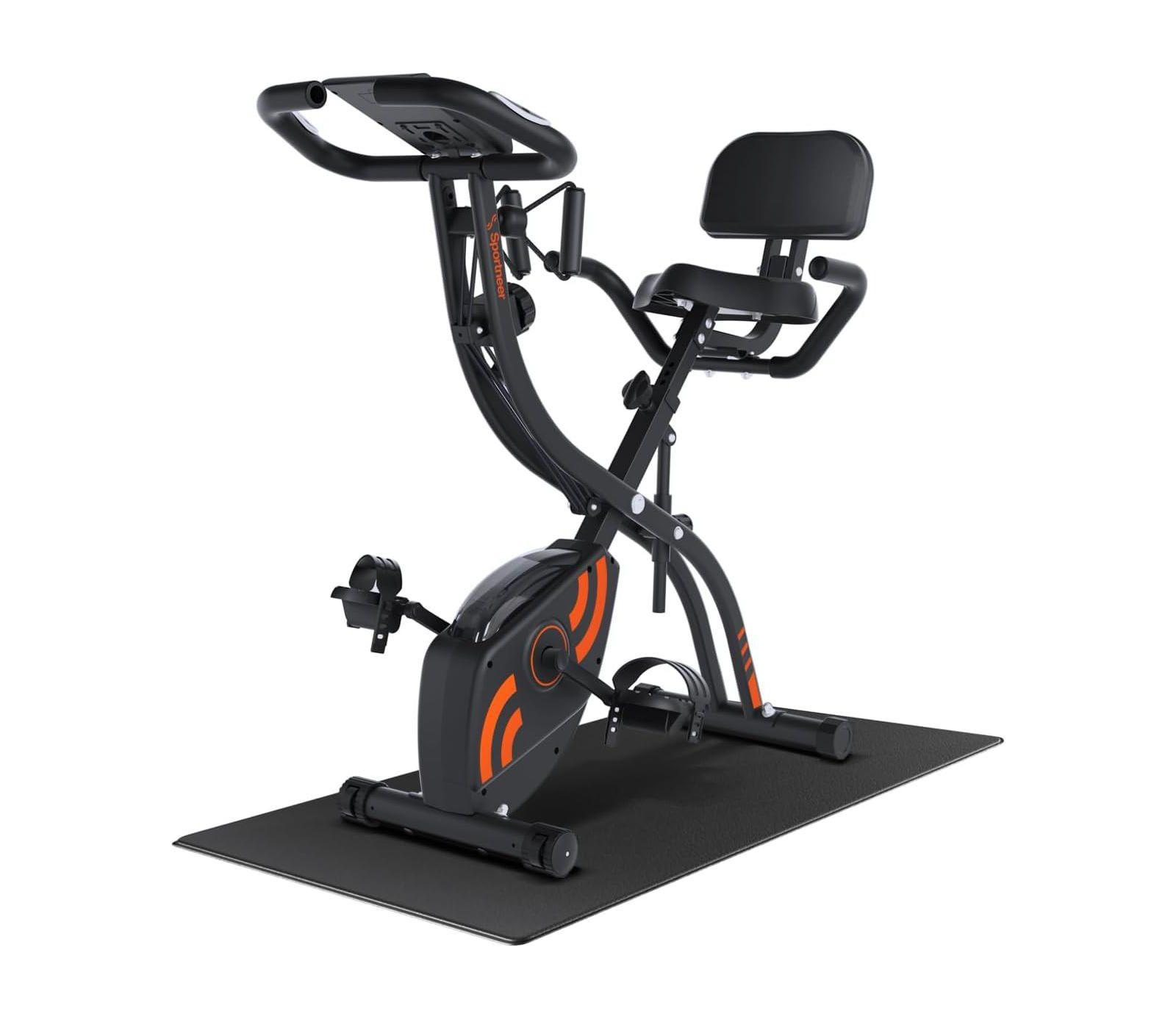 Sportneer Foldable Stationary Bike 4 in 1 Indoor Cycling with 16 Level Magnetic Resistance Arm Band PVC Floor Mat for Home Gym Workout