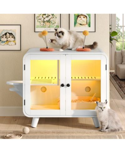 6thdruple Cat Pet House with RGB LED Light, Glass Doors, Stairs, Hidden Litter Box Cabinet