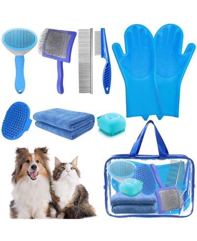 ARONKL 8pcs Pet Grooming Bath Kit with Slicker Brush Deshedding Rake Towel Gloves Combs Scrubber for Dogs Cats Rabbits