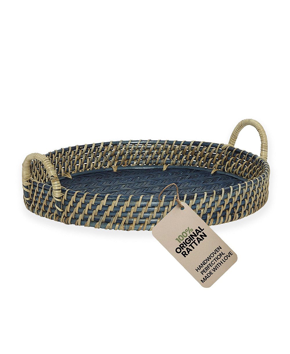 Wicker Village Round Rattan Serving Tray with Handles | Handmade Woven Cane Basket Tray for Coffee Table | Large 18x18 in | Navy Blue