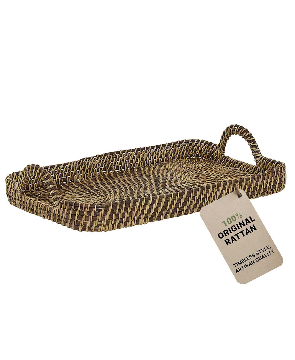 Wicker Village Natural Rattan Serving Tray with Handles | Decorative Basket Tray | Small 17x11 in, Moisture-Resistant