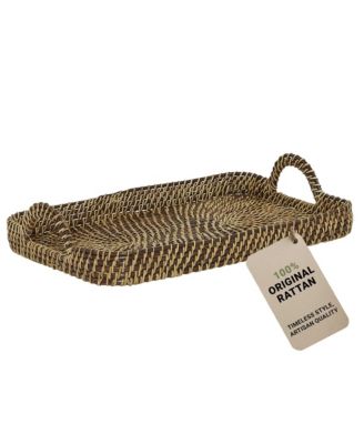 Wicker Village Natural Rattan Serving Tray with Handles | Decorative Basket Tray | Small 17x11 in, Moisture-Resistant