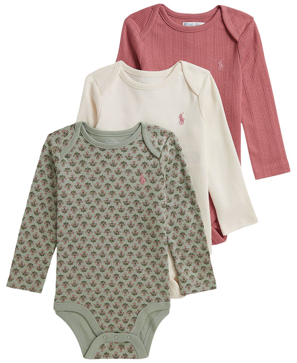 Polo Ralph Lauren Baby Girls' Long-Sleeve Bodysuit, 3-Pack