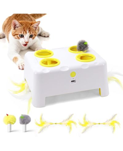 ARONKL Cheese Box Interactive Cat Toy 3-in-1 Whack A Mole 3 Modes Rechargeable Auto 4 Holes 4 Accessories