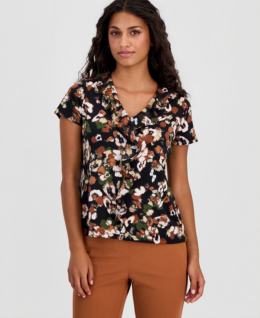 Anne Klein Essentials Petite Printed Ruffle-Trim Short-Sleeve Top