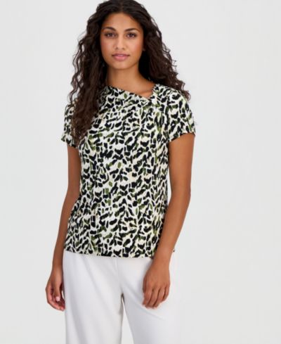 Anne Klein Essentials Petite Printed Asymmetric Short-Sleeve Top