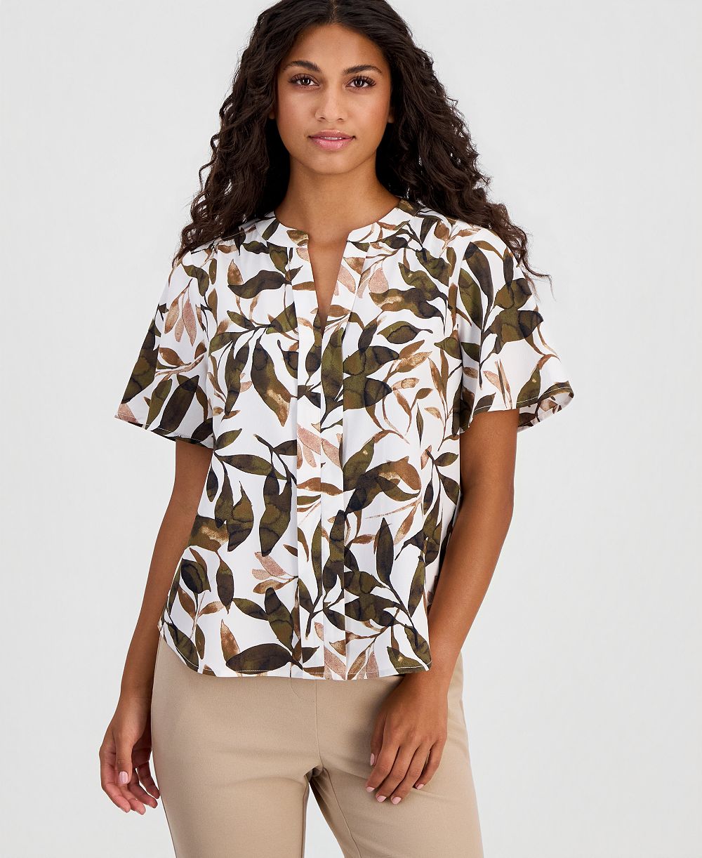 Anne Klein Essentials Petite Printed Flutter-Sleeve Top