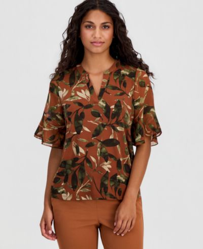 Anne Klein Essentials Petite Printed Ruffle-Sleeve Top