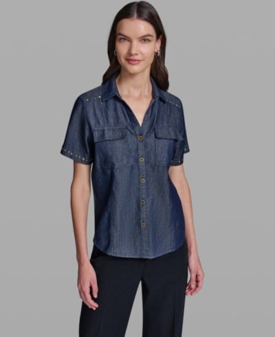 KARL LAGERFELD PARIS Women's Short-Sleeve Nailhead Trim Camp Shirt