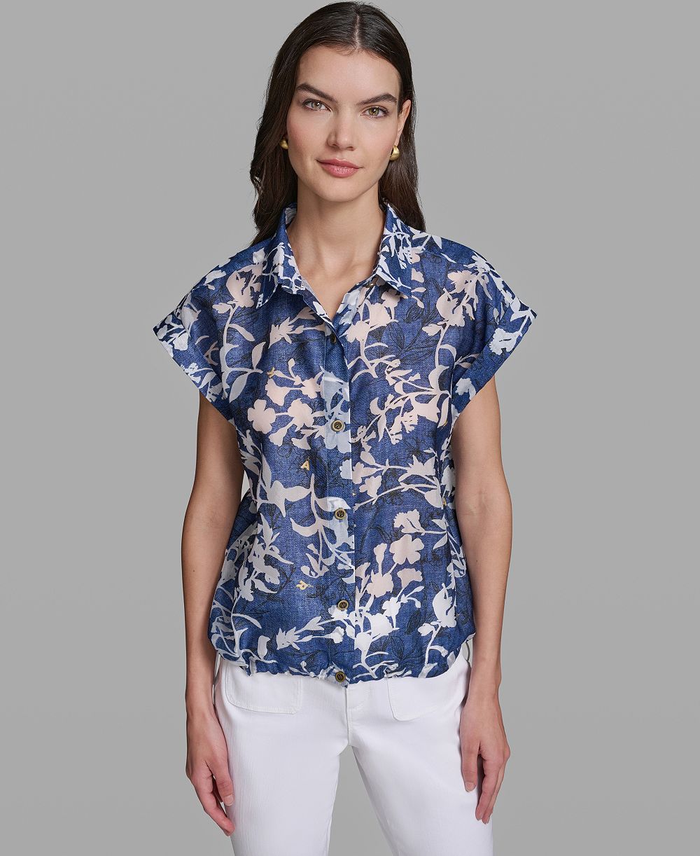 KARL LAGERFELD PARIS Women's Bungee Burnout Short-Sleeve Woven Shirt