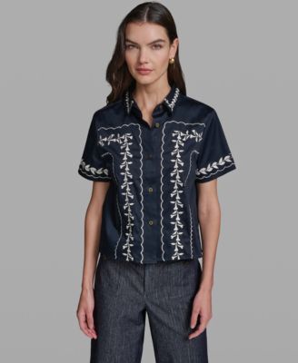 KARL LAGERFELD PARIS Women's Short-Sleeve Embroidery Shirt