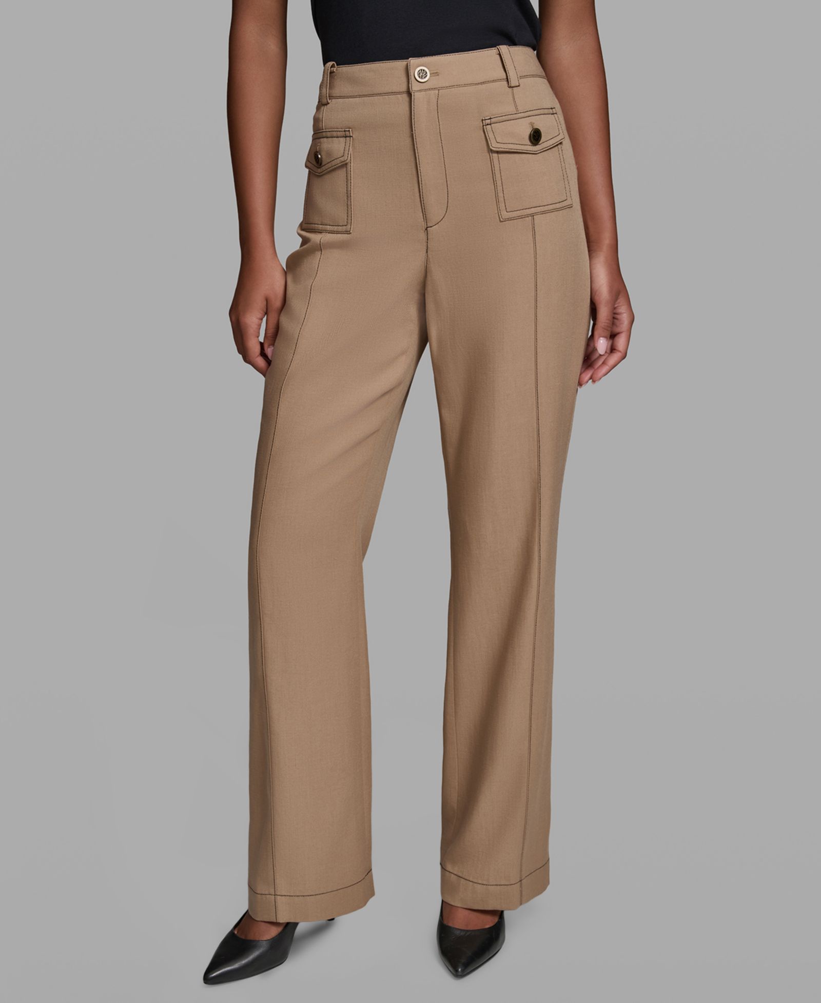 KARL LAGERFELD PARIS Women's Front Pockets Mid-Rise Straight Long Pants