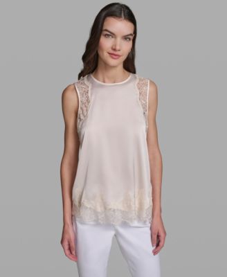 KARL LAGERFELD PARIS Women's Sleeveless Lace Trim Cami Top
