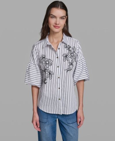 KARL LAGERFELD PARIS Women's Short-Sleeve Striped Shirt