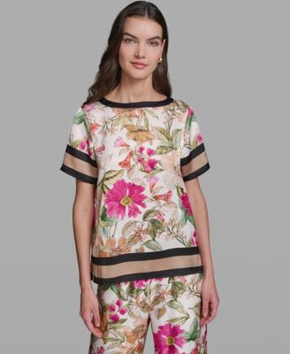KARL LAGERFELD PARIS Women's Short-Sleeve Floral Printed Top