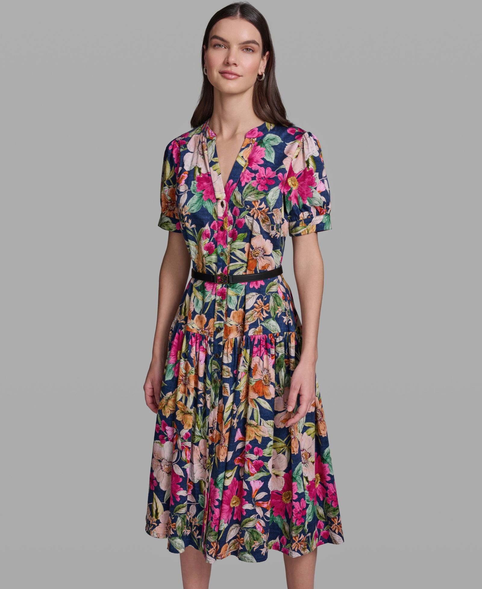 KARL LAGERFELD PARIS Women's Floral Printed V-Neck Belt Dress
