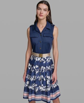 KARL LAGERFELD PARIS Women's Sleeveless Collared Belted Dress