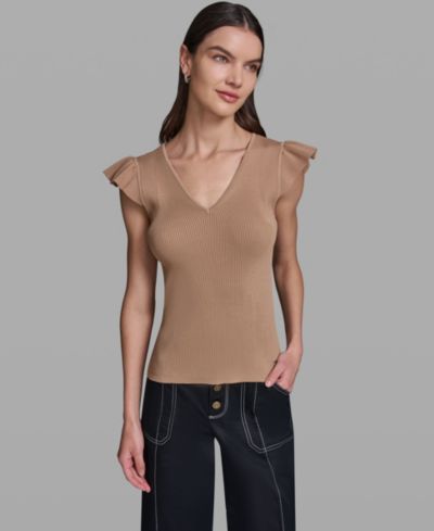 KARL LAGERFELD PARIS Women's V-Neck Flutter Cap-Sleeve Sweater