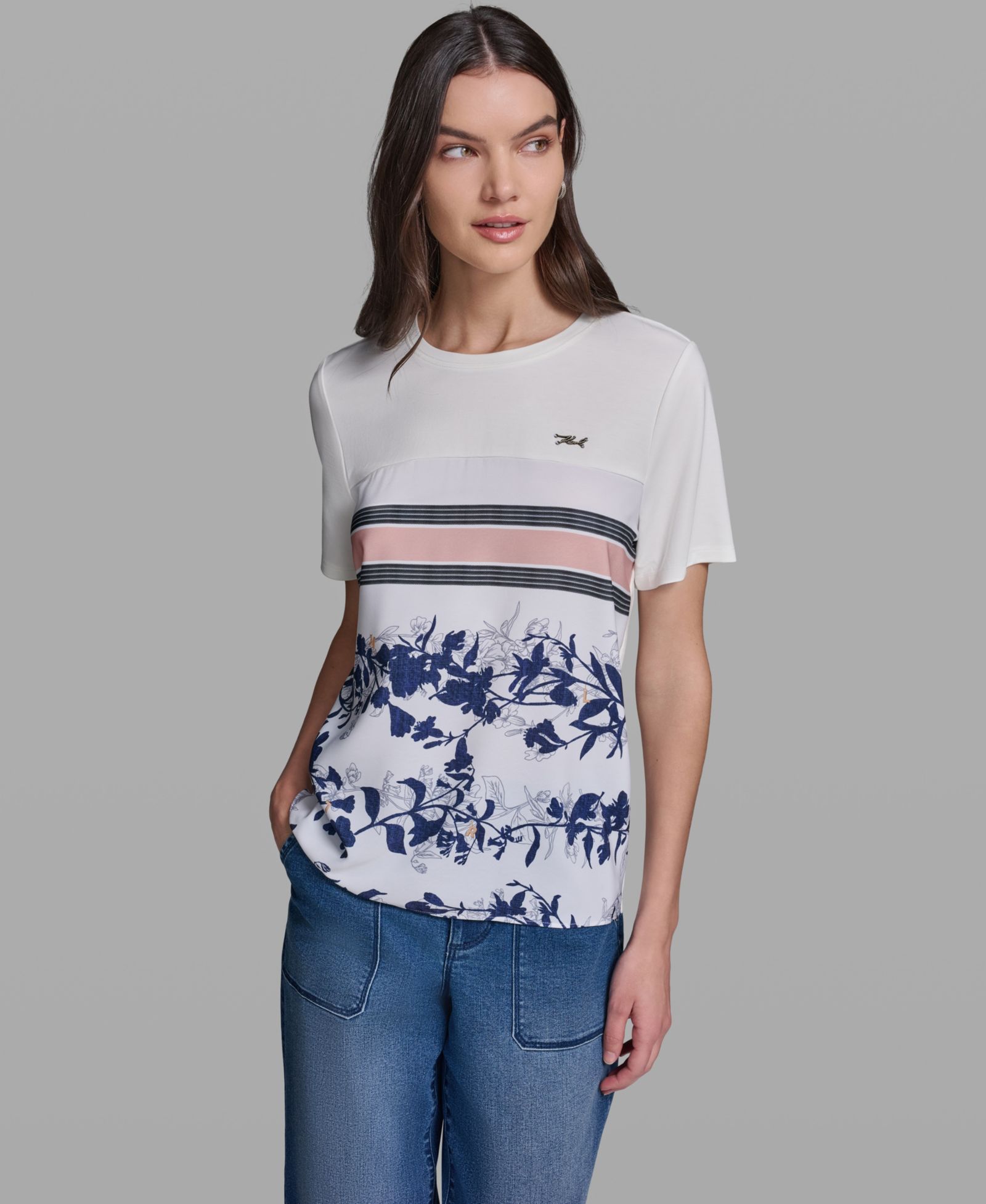 KARL LAGERFELD PARIS Women's Short-Sleeve Mix-Media Printed Knit Top
