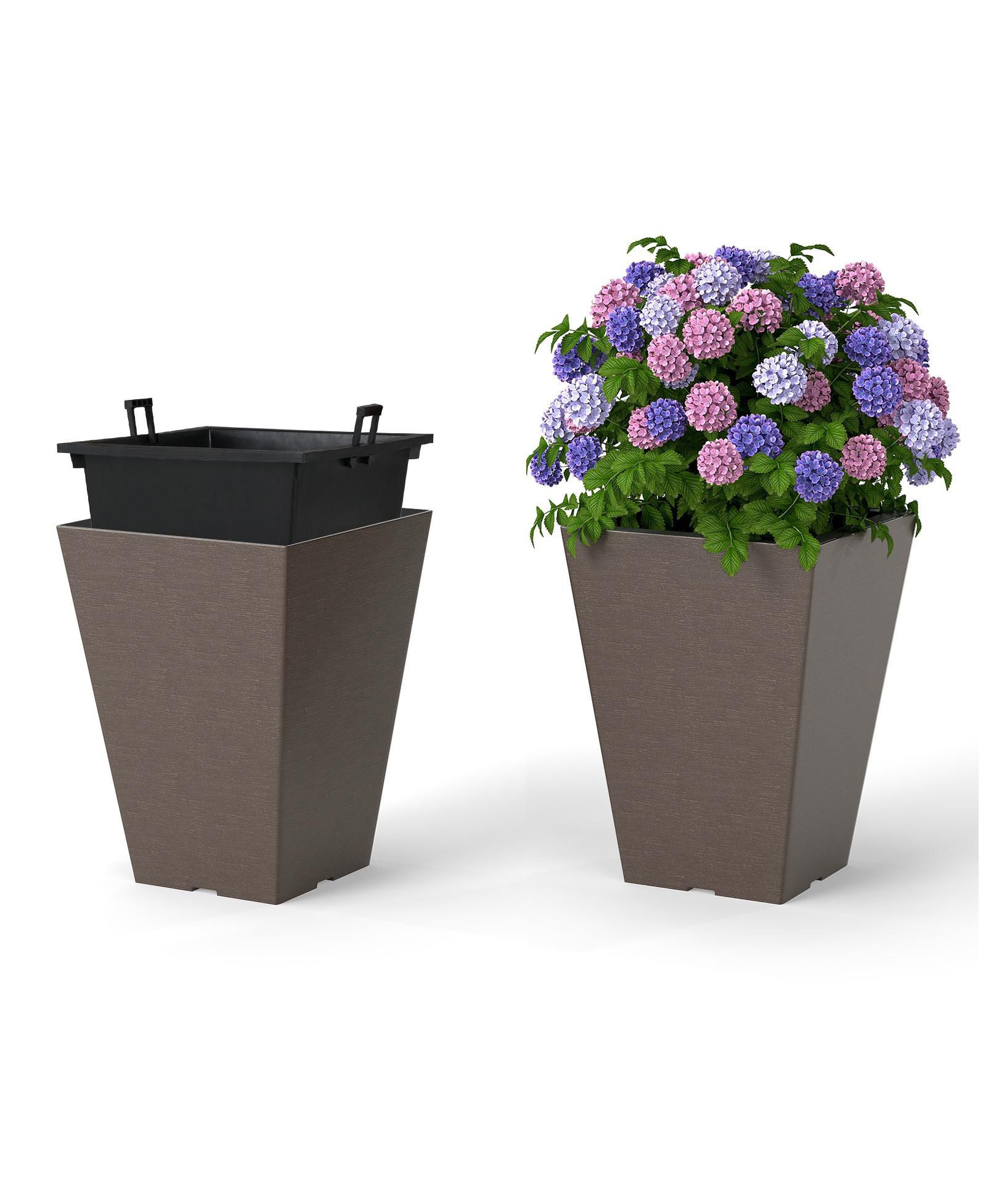 GOUUN Set of 2 Square Taper Planters with Removable Inner Bucket and Self-Watering System