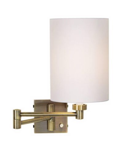 Barnes and Ivy Modern Swing Arm Wall Lamp Dark Antique Brass Plug-In Light Fixture Cotton Cylinder Shade for Bedroom Bedside