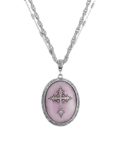 Symbols of Faith Pewter Cross Oval Rose Quartz Necklace