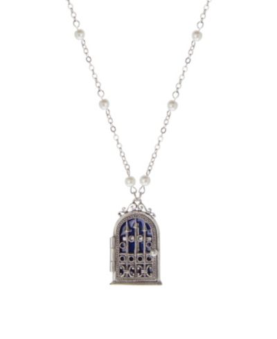 Ожерелье Symbols of Faith Silver Tone Blue Enamel Cross House Locket Faux Pearl