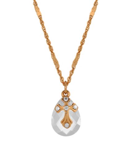 Symbols of Faith 14k Gold Dipped Clear Oval Glass Drop Crystal Cross 16"+3" Necklace