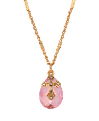 Кулон Symbols of Faith 14k Gold Dipped Rose Quartz Oval Glass Drop Crystal Cross, 16"+3"