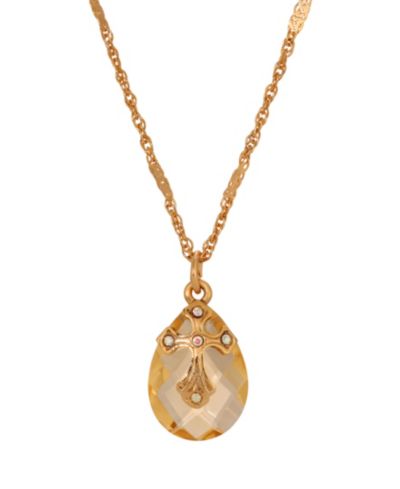 Symbols of Faith 14k Gold Dipped Light Colorado Oval Glass Drop Crystal Cross 16"+3" Necklace