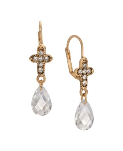 Symbols of Faith Gold Tone Crystal Cross With Clear Glass Drop Leverback Earrings