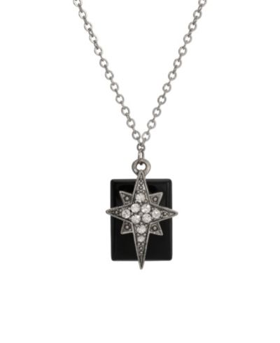 Symbols of Faith Pewter Star of Bethlehem Clear Crystals Onyx Rectangle 16" Necklace