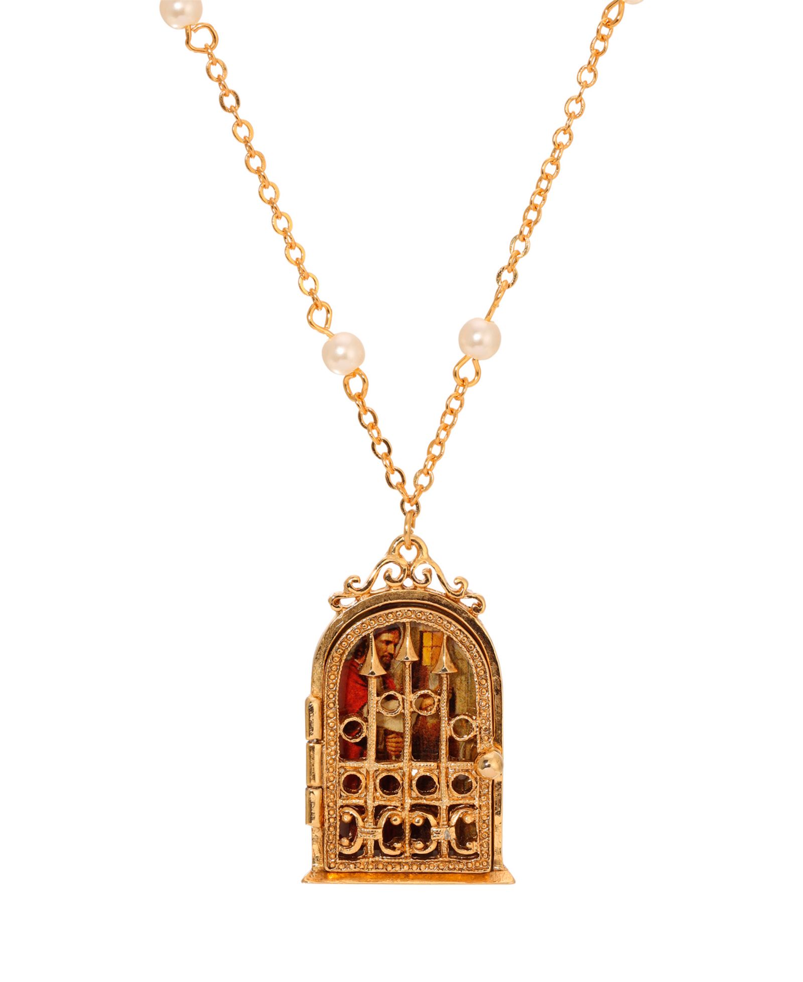 Symbols of Faith Gold Tone Jesus Decal Locket Faux Pearl Chain Necklace
