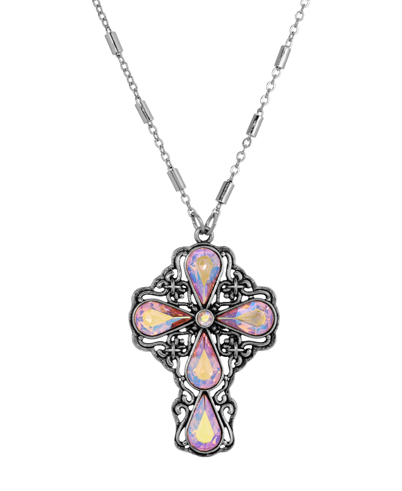 Symbols of Faith Silver Pewter Tone AB Topaz Teardrop Crystal Pendant Cross 24" Necklace