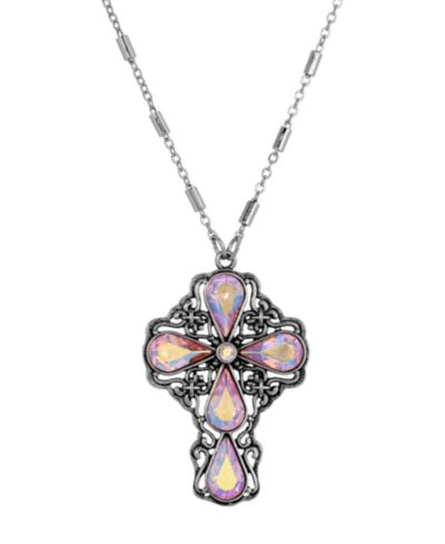 Подвеска-крест Symbols of Faith Silver Pewter Tone AB Topaz Teardrop Crystal 24" Necklace
