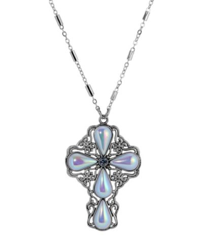Подвеска-крест Symbols of Faith с синим кристаллом AB Teardrop, серебряный цвет, 24"