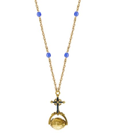 Symbols of Faith 14k Gold Dipped Blue Sapphire Cross Hail Mary Spinner Necklace