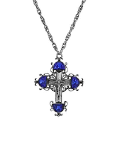 Ожерелье Symbols of Faith Silver Pewter-Tone Cross с сапфировыми кристаллами 28"