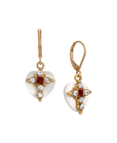 Серьги Symbols of Faith Gold Tone MoP Heart Siam Crystal Cross Leverback