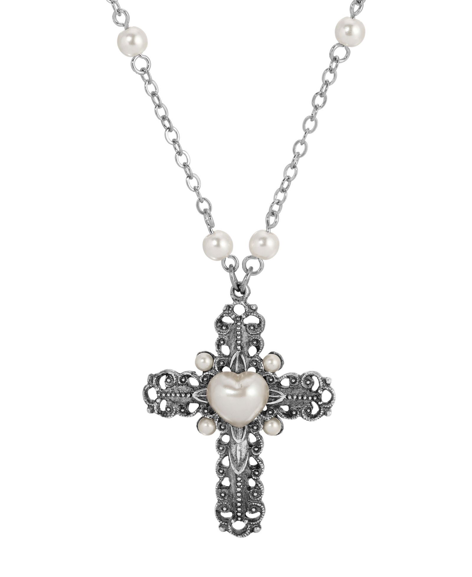 Ожерелье Symbols of Faith с крестом, сердцем и имитацией жемчуга 24" серебристого цвета