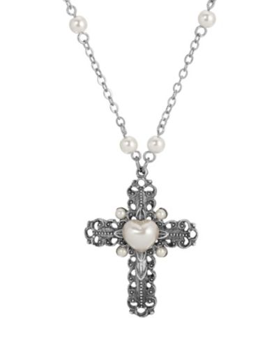 Ожерелье Symbols of Faith с крестом, сердцем и имитацией жемчуга 24" серебристого цвета