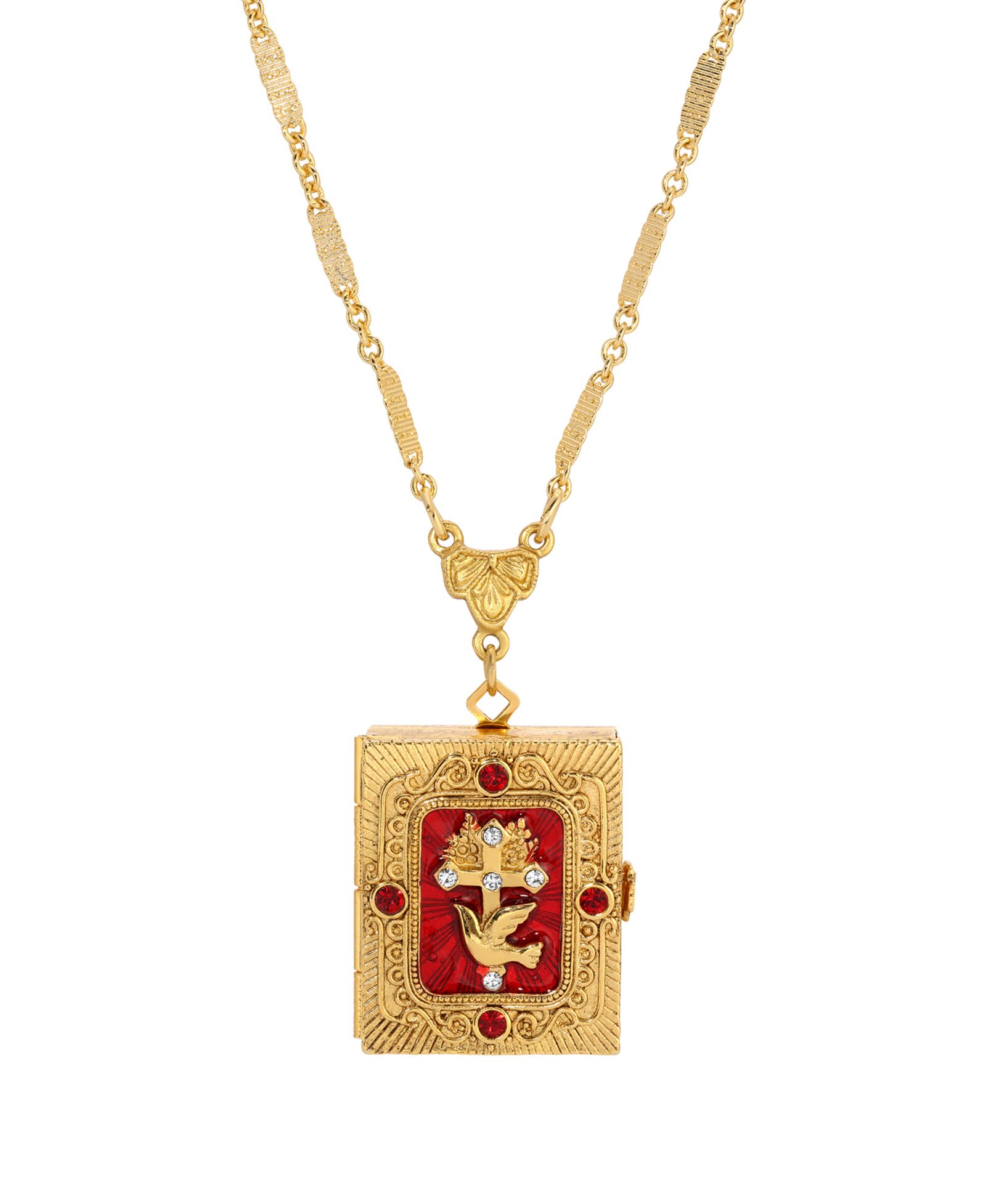 Symbols of Faith Gold Tone Red Enamel Cross Locket Necklace