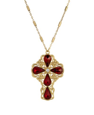 Золотистый кулон-крест Symbols of Faith с гранатом и кристаллами, 28"