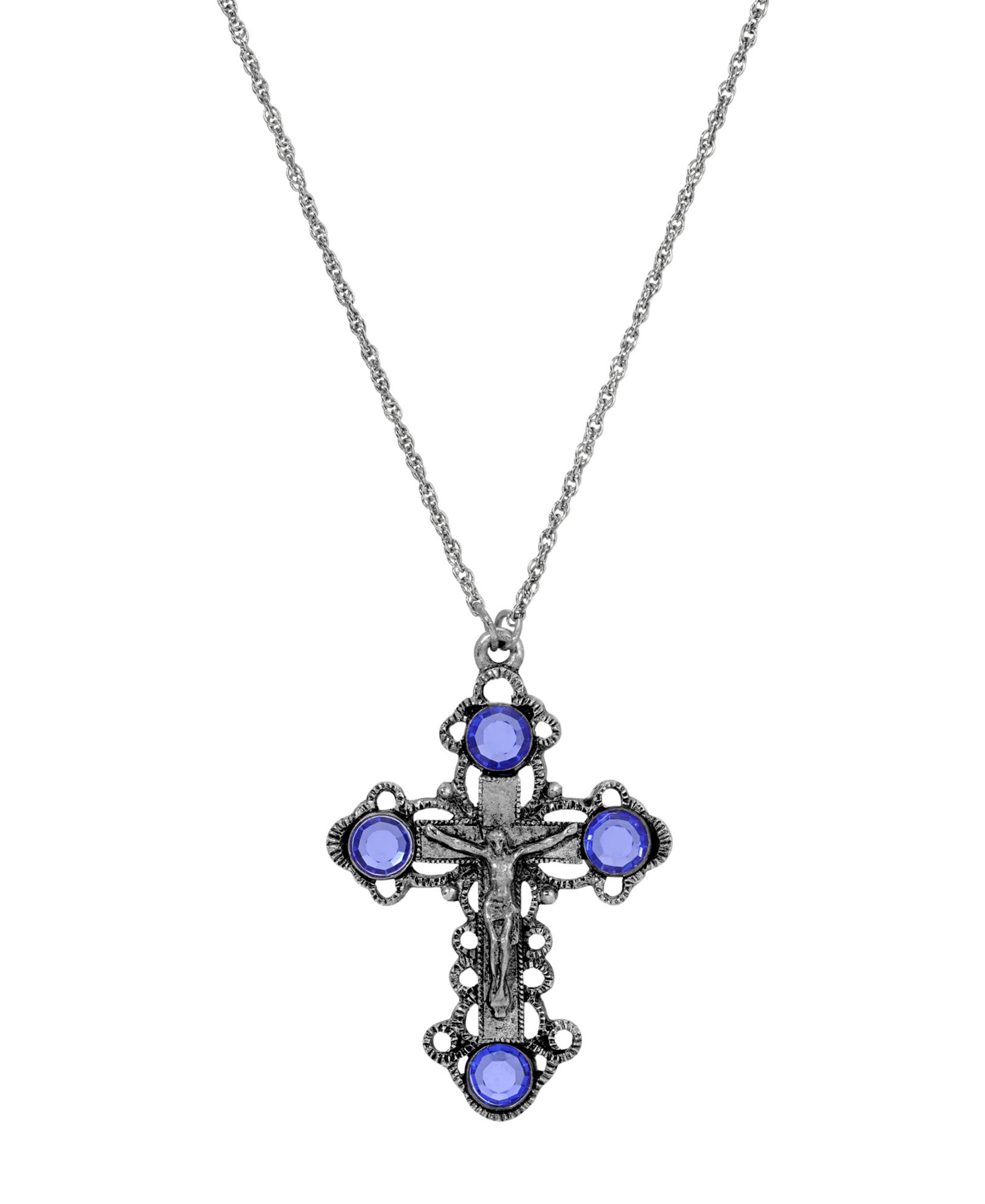 Ожерелье Symbols of Faith Pewter/Silver-Tone Sapphire Crystal Cross 18"